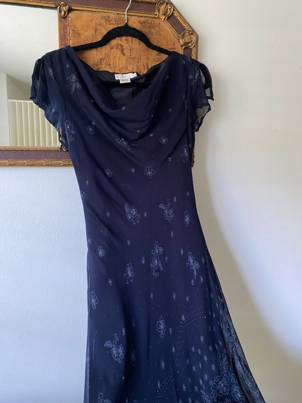 Vintage 1990s Blue Floral Beaded Bias Cut Maxi Dress Fairy Whimsygoth Size 4